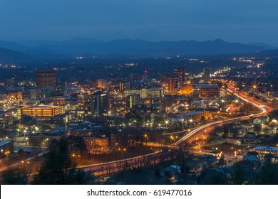 Image Of City Skyline At Night Asheville, NC.