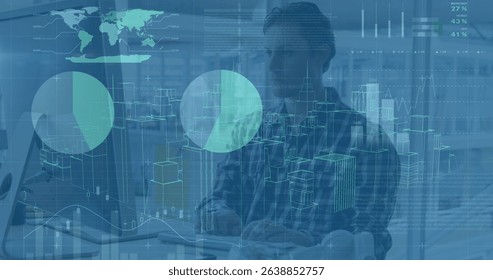 Image of cityscape model and graphs over focused caucasian architect using desktop computer. Digital composite, business, analysis, multiple exposure, technology, futuristic, occupation.