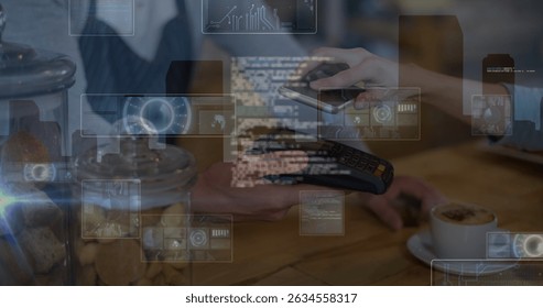 Image of cityscape over senior caucasian woman using smartphone. Global data processing digital interface and technology concept digitally generated image.