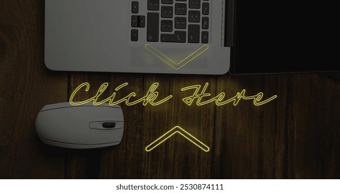 Image of click here text over laptop. Global business and digital interface concept digitally generated image.