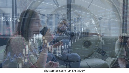 Image of clock and financial data processing over diverse business people in office. Global business, finance and data processing concept digitally generated image.