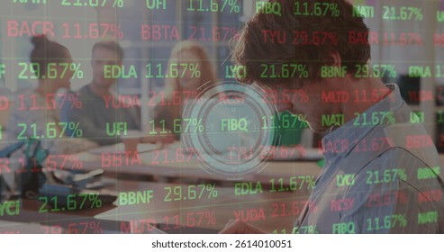 Image of clock, financial data processing over businessman in meeting. global business, data processing and digital interface concept digitally generated image.