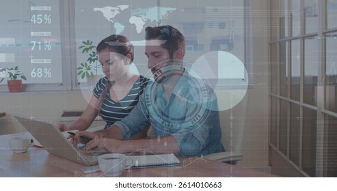 Image of clock, financial data processing over business people using laptop in meeting. global business, data processing and digital interface concept digitally generated image.