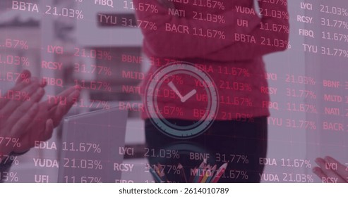 Image of clock, financial data processing over business people clapping in meeting. global business, data processing and digital interface concept digitally generated image.