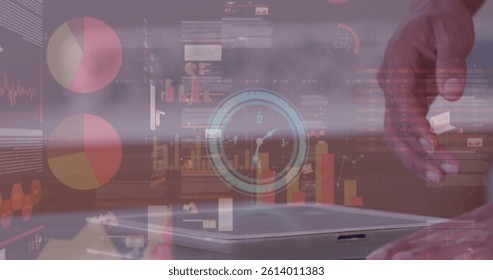 Image of clock and financial data processing over businessman using tablet. global business, data processing and digital interface concept digitally generated image.