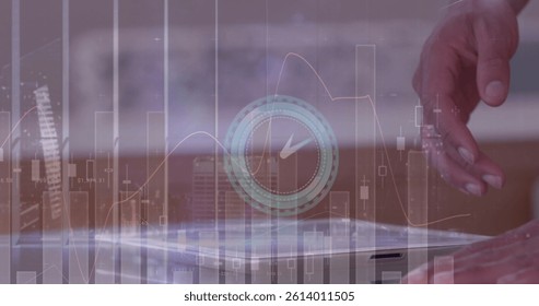 Image of clock, financial data processing over businessman using tablet. global business, data processing and digital interface concept digitally generated image.