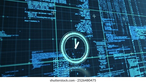 Image of clock moving over data processing on navy background. time passing by and digital interface concept digitally generated image.