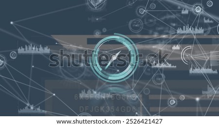 Image of clock moving over network of connections. Network connections and technology concept digitally generated image.