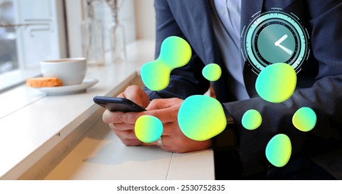 Image of clock moving and shapes over caucasian businessman using smartphone. global business and digital interface concept digitally generated image. - Powered by Shutterstock - Get 15% off with code: PIKWIZARD15