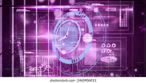 Image of clock over digital screen with diverse data. Digital interface, data processing and technology concept digitally generated image. - Powered by Shutterstock - Get 15% off with code: PIKWIZARD15