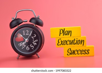 An image of clock with Plan Execution Success wording. Business concept. 