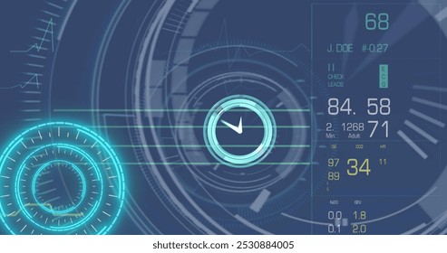 Image of clock, scope scanning and data processing on screen. global technology, data processing and digital interface concept digitally generated image. - Powered by Shutterstock