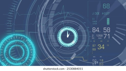 Image of clock, scope scanning and data processing on screen. global technology, data processing and digital interface concept digitally generated image. - Powered by Shutterstock