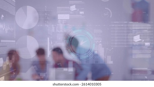 Image of clock, statistics and data processing over business people at meeting. global business, data processing and digital interface concept digitally generated image.