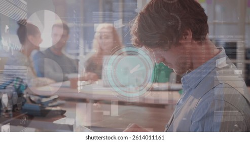 Image of clock, statistics and data processing over businessman at meeting. global business, data processing and digital interface concept digitally generated image. - Powered by Shutterstock - Get 15% off with code: PIKWIZARD15