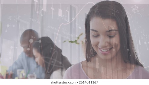 Image of clock, statistics and data processing over business people at meeting. global business, data processing and digital interface concept digitally generated image.