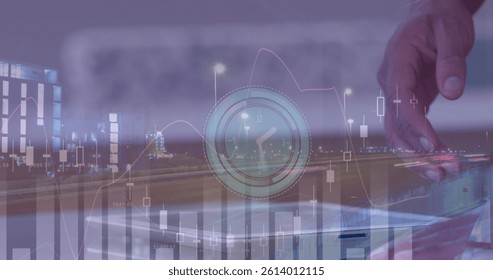 Image of clock, statistics and data processing over businesswoman using tablet. global business, data processing and digital interface concept digitally generated image.