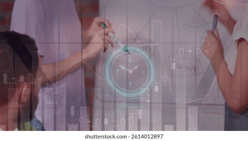 Image of clock, statistics and data processing over business people at meeting. global business, data processing and digital interface concept digitally generated image. - Powered by Shutterstock - Get 15% off with code: PIKWIZARD15