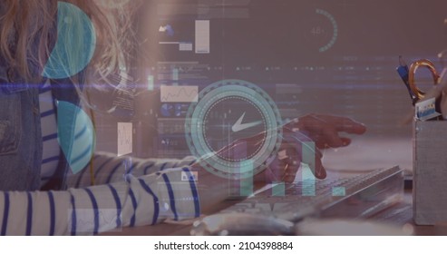 Image of clock, statistics and financial data processing over businesswoman using comptuer. global business, data processing and digital interface concept digitally generated image.