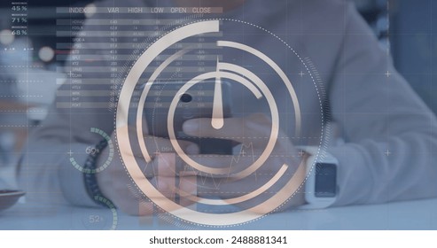 Image of clock, statistics and financial data processing over caucasian man using smartphone. Global business, connections, networks and data processing concept digitally generated image.