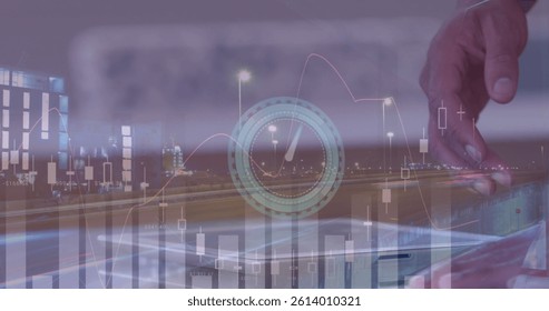 Image of clock, statistics and financial data processing over man using tablet. global business, data processing and digital interface concept digitally generated image.