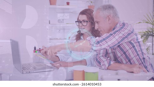 Image of clock, statistics and financial data processing over business people in meeting. global business, data processing and digital interface concept digitally generated image.