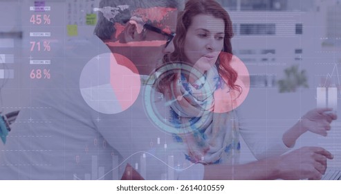 Image of clock, statistics and financial data processing over business people in meeting. global business, data processing and digital interface concept digitally generated image.