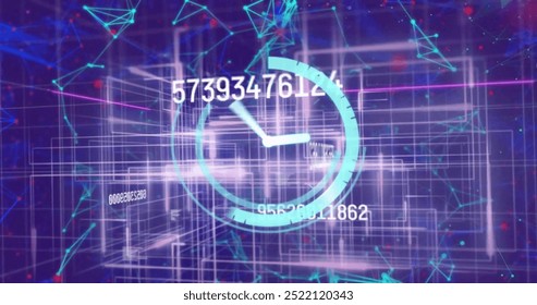 Image of clock ticking and data processing over glowing light trails. Global connections, computing and data processing concept digitally generated image.
