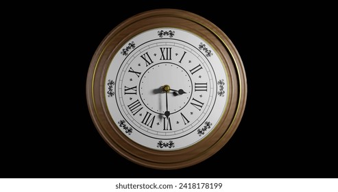 Image of clock ticking over black background. Global finance, business, connections, computing and data processing concept digitally generated image.