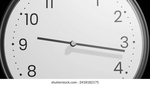 Image of clock ticking over black background. Global finance, business, connections, computing and data processing concept digitally generated image.