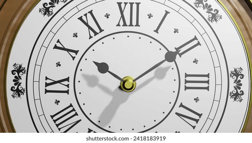Image of clock ticking over black background. Global finance, business, connections, computing and data processing concept digitally generated image.