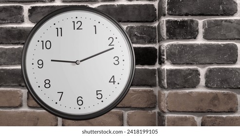 Image of clock ticking over brick wall background. Global finance, business, connections, computing and data processing concept digitally generated image.
