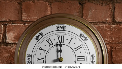 Image of clock ticking over brick wall background. Global finance, business, connections, computing and data processing concept digitally generated image.
