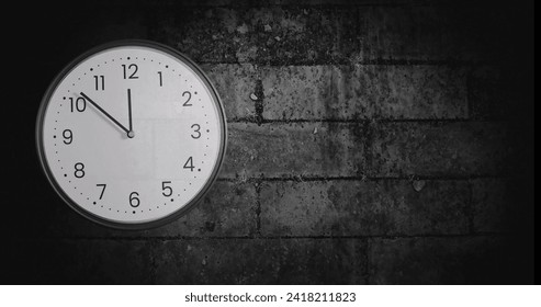 Image of clock ticking over brick wall background. Global finance, business, connections, computing and data processing concept digitally generated image.