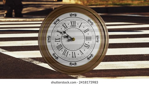 Image of clock ticking over busy zebra crossing. Global finance, business, connections, computing and data processing concept digitally generated image.