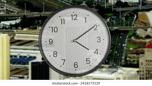 Image of clock ticking over cityscape. Global finance, business, connections, computing and data processing concept digitally generated image.