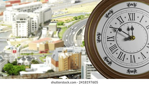 Image of clock ticking over cityscape. Global finance, business, connections, computing and data processing concept digitally generated image.