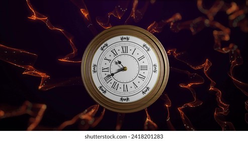 Image of clock ticking over light trails on black background. Global finance, business, connections, computing and data processing concept digitally generated image.