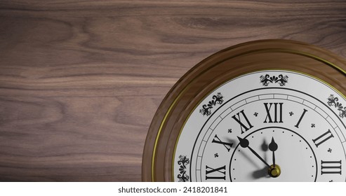 Image of clock ticking over wooden background. Global finance, business, connections, computing and data processing concept digitally generated image.