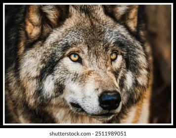 The image is a close-up of a wolf showing its snout and eyes. It is a detailed view of the animal. - Powered by Shutterstock