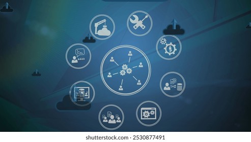 Image of cloud and arrows over digital icons spinning on blue background. global connections, digital interface and technology concept digitally generated image.