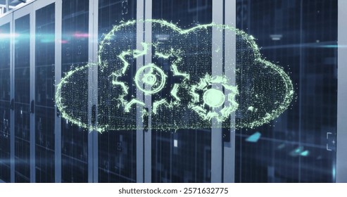 Image of cloud with cogs with data processing over computer servers. Global finance, business, connections, computing and data processing concept digitally generated image.