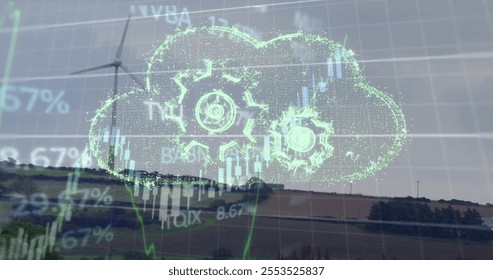 Image of cloud with cogs and financial data processing over wind turbine. Global finance, business, connections, cloud computing and data processing concept digitally generated image. - Powered by Shutterstock