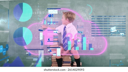 Image of cloud with data processing over caucasian schoolboy. learning, science, cloud computing, digital interface and data processing concept digitally generated image.