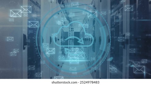 Image of cloud icon and digital data processing over computer servers. Global cyber security, connections, computing and data processing concept digitally generated image.