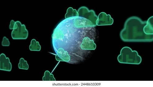 Image of cloud icons and data processing over globe. Global connections, digital interface, data processing and cloud computing concept digitally generated image.