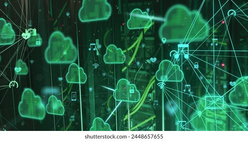 Image of cloud icons and data processing over computer servers. Global connections, digital interface, data processing and cloud computing concept digitally generated image.