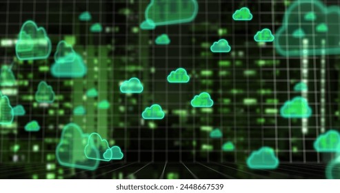 Image of cloud icons and data processing over cityscape. Global connections, digital interface, data processing and cloud computing concept digitally generated image.