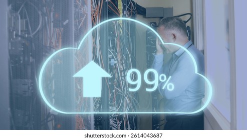 Image of cloud with increasing number over wires and servers. cloud computing, data uploading, computers and technology concept digitally generated image.