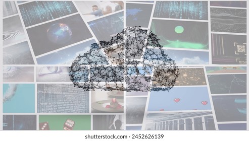 Image of cloud network over various clips playing on composite screens. global communication, data networking and digital interface concept digitally generated image.